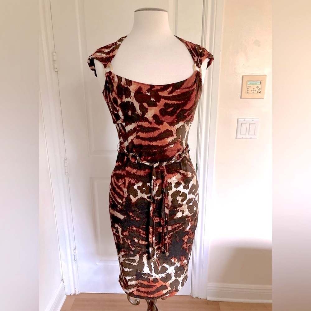 CACHE Leopard Animal Print Bodycon Dress in Brown with Gold Accent Belted